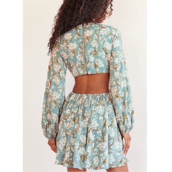 NWT Lulus First Blooms Dusty Blue Floral Print Long Sleeve Cutout Dress XL Mini - Picture 5 of 11